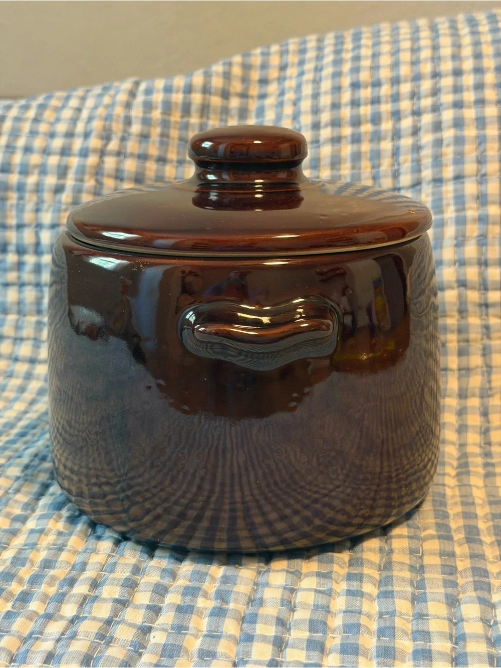 West Bend Stoneware Brown Bean Pot With Lid Crock Cookie Jar Vintage Farmhouse
